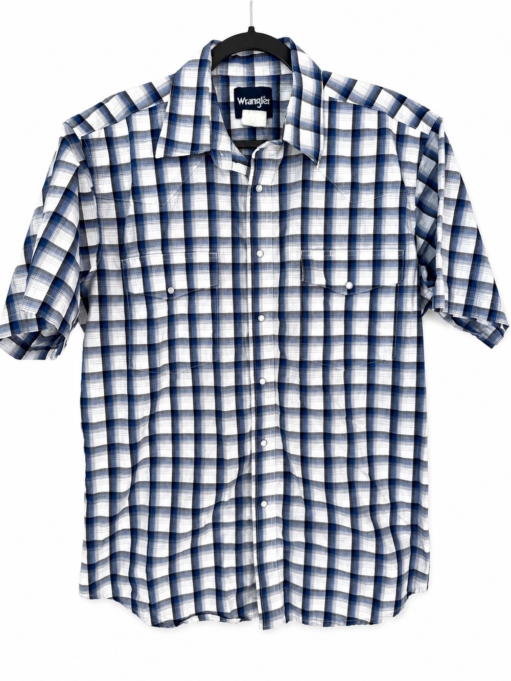 Wrangler Blue White Plaid Pearl Snap 100% Cotton Western Shirt Short Sleeve L